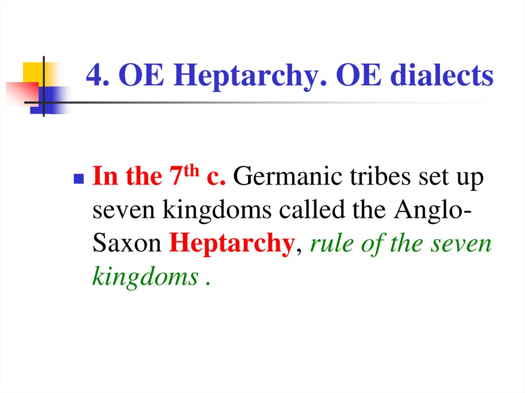 4. OE Heptarchy. OE dialects