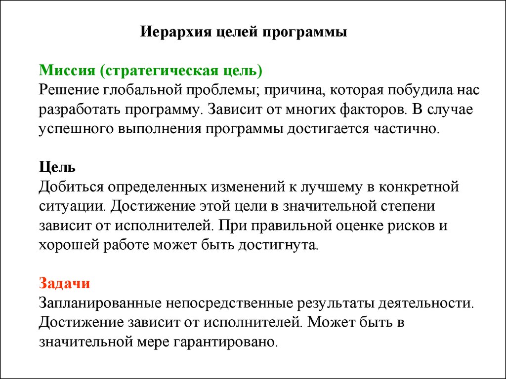 Какая цель программа. Иерархия целей. Проблема цель решение.