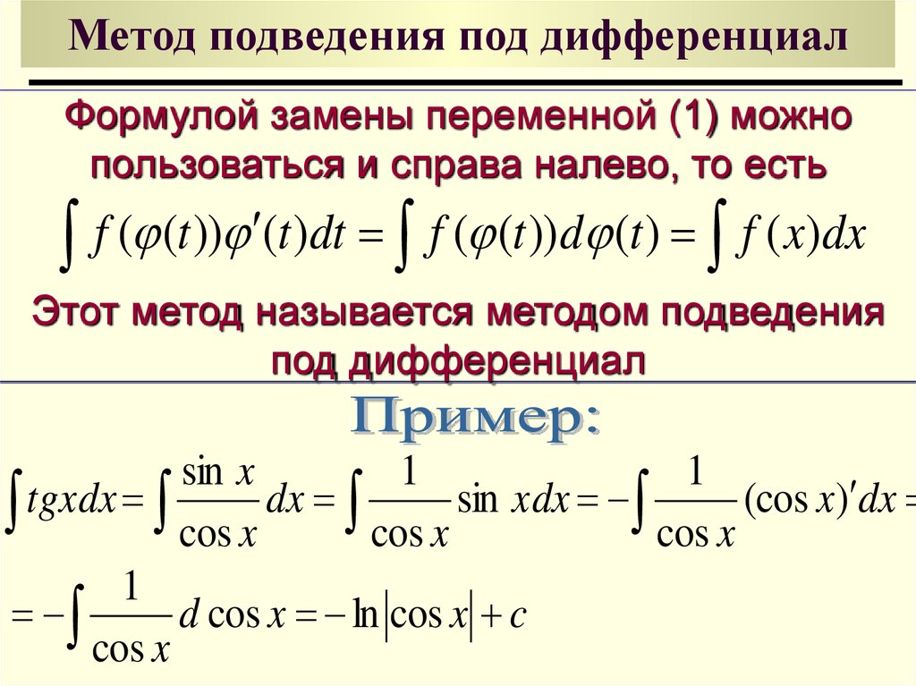 Тригонометрическая подстановка в интегралах. Метод интегрирования подведением под дифференциал. Метод подведения под знак дифференциала. Интеграл под знак дифференциала. Формула внесения под дифференциал.