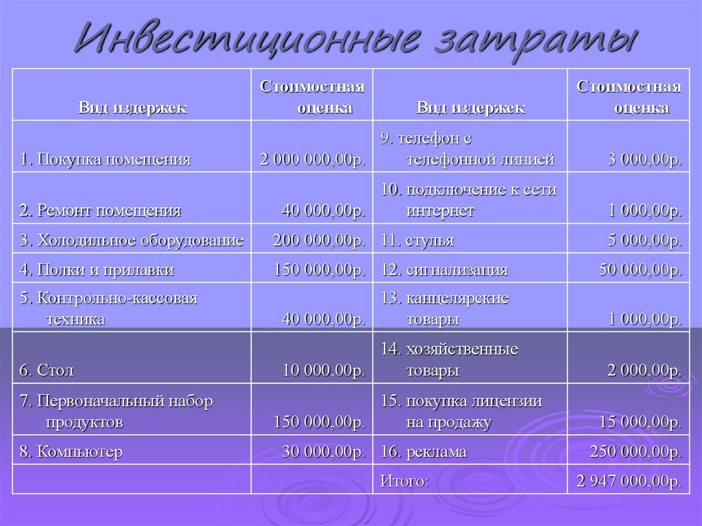 Инвестиционные затраты в бизнес плане