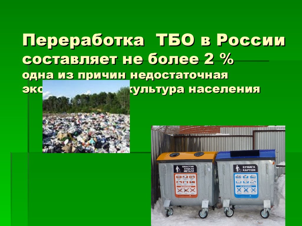 Переработка ТБО в России составляет не более 2 % одна из причин недостаточная экологическая культура населения