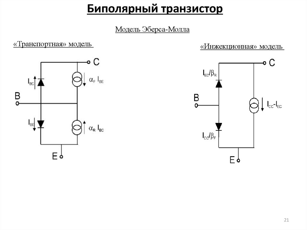 Биполярный транзистор. Схема Эберса Молла для биполярного транзистора. Модели биполярных транзисторов Эберса – Молла модифицированная. Инжекционная модель биполярного транзистора. Нелинейная модель транзистора.