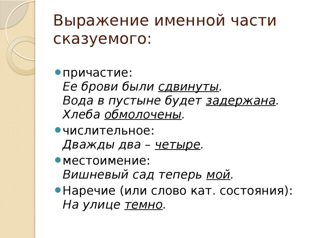 Причастие сказуемое вопросы. Выражение именной части сказуемого. Сказуемое выраженное причастием. Примеры выражения именной части сказуемого. Выражение именной части.