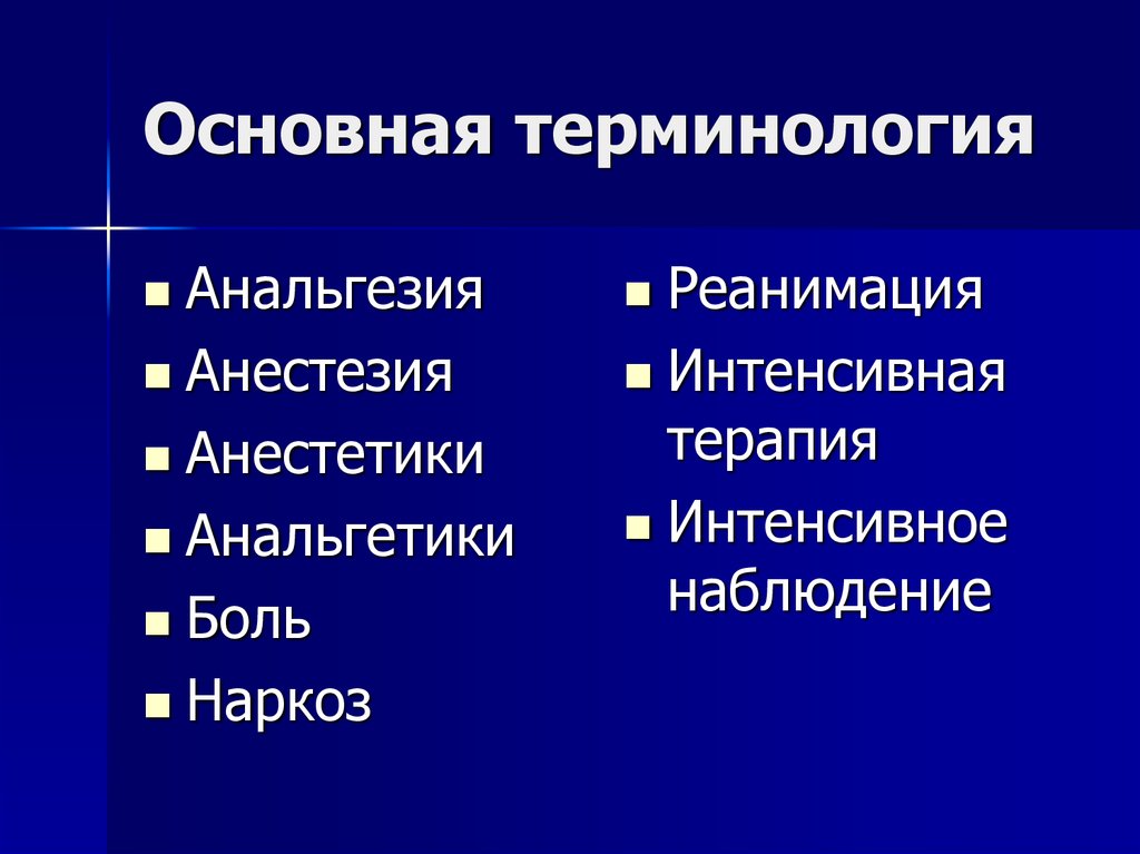 Интенсивной анестезии. Основная терминология. Базовые термины. Интенсивное наблюдение. Введение в анестезиологию.