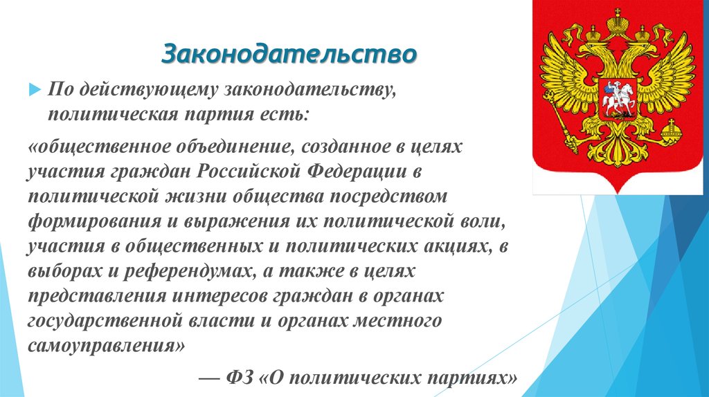 Политическое законодательство. Политические партии создаются в целях участия граждан.