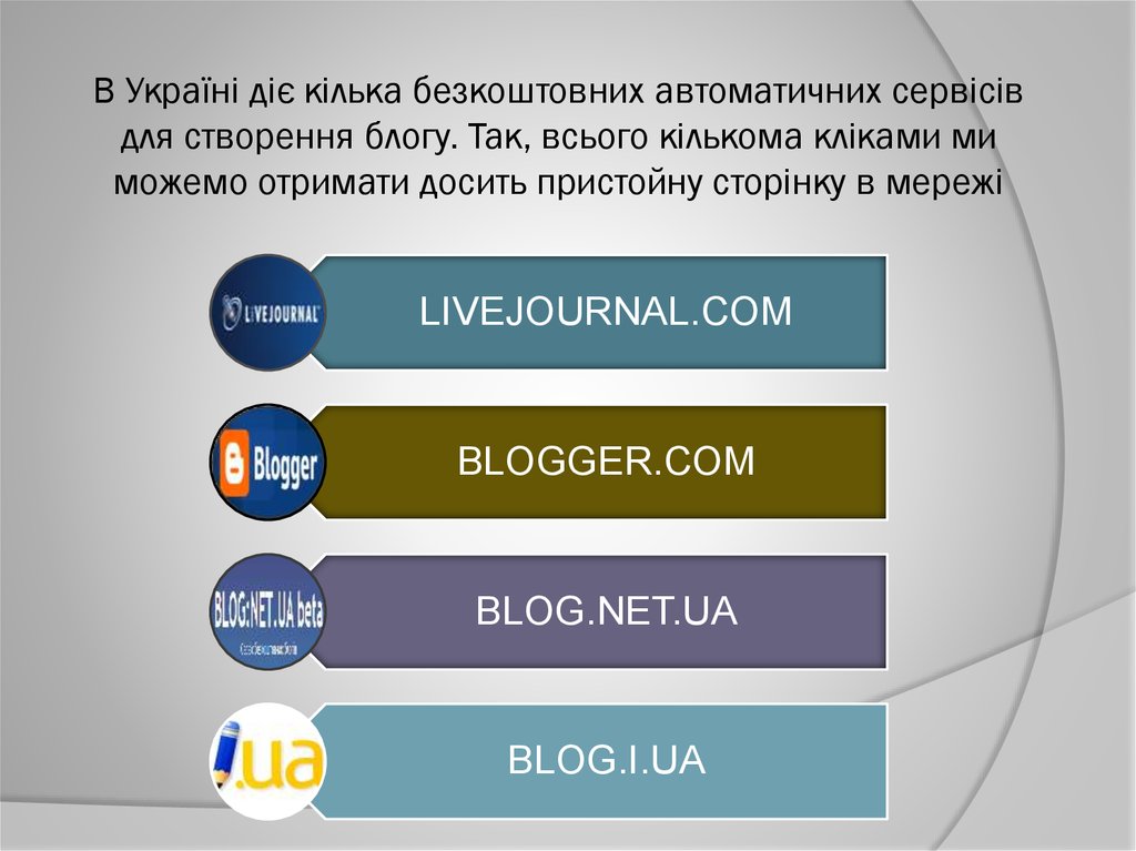 В Україні діє кілька безкоштовних автоматичних сервісів для створення блогу. Так, всього кількома кліками ми можемо отримати
