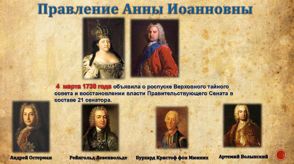 Учреждение верховного тайного совета участники. Сподвижники Анны Иоанновны 1730-1740. Сподвижники Екатерины 2.