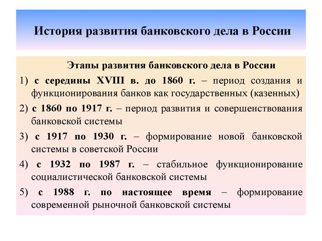 Период г. История развития банковского дела в России. Этапы развития банковской системы. Этапы развития банковского дела. Этапы развития банковского дела в России кратко.