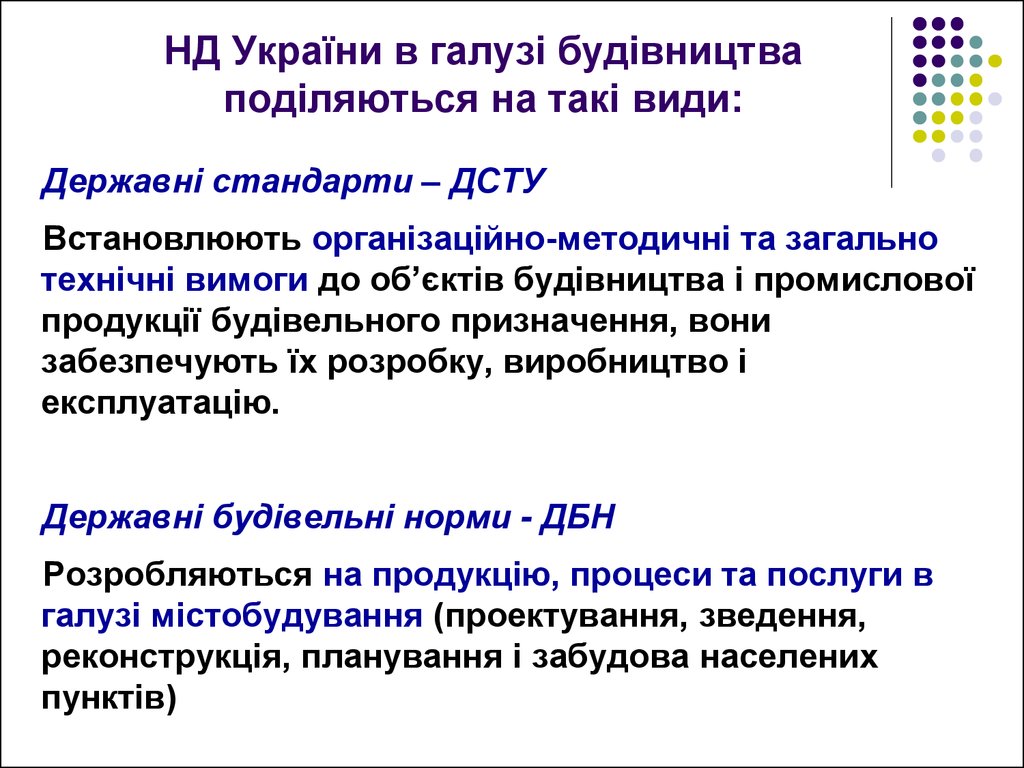 НД України в галузі будівництва поділяються на такі види: