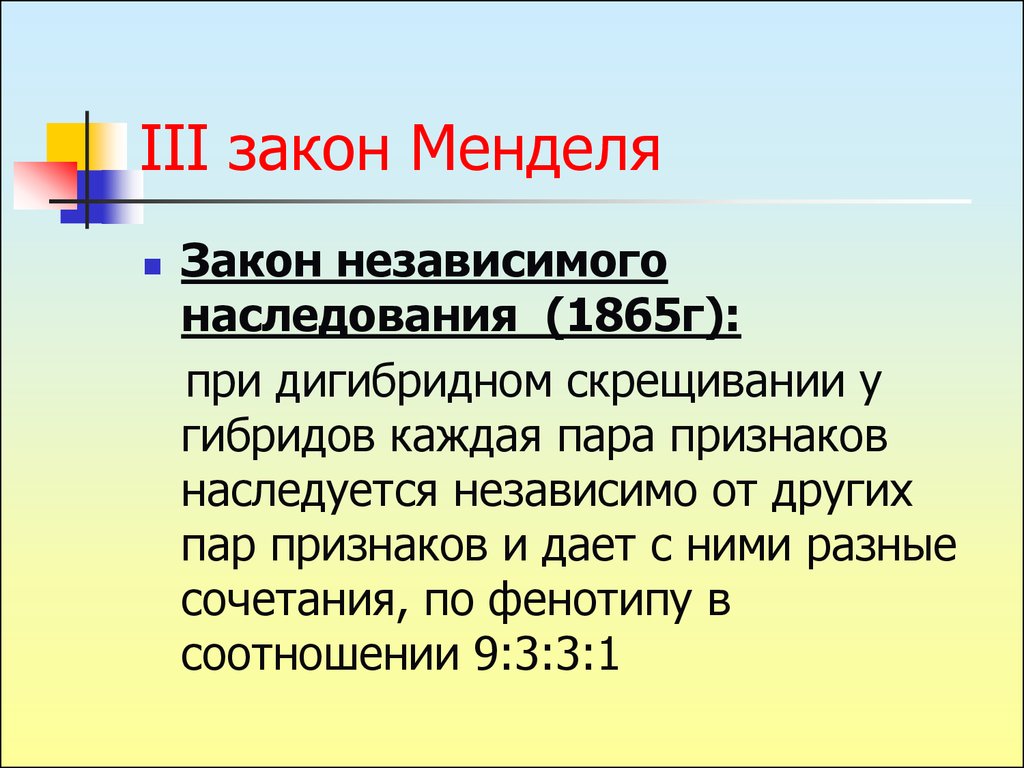 Законы менделя кратко. 3 Закон Менделя. Закон независимого наследования. Закон независимого наследования Менделя. Третий закон Менделя формулировка.