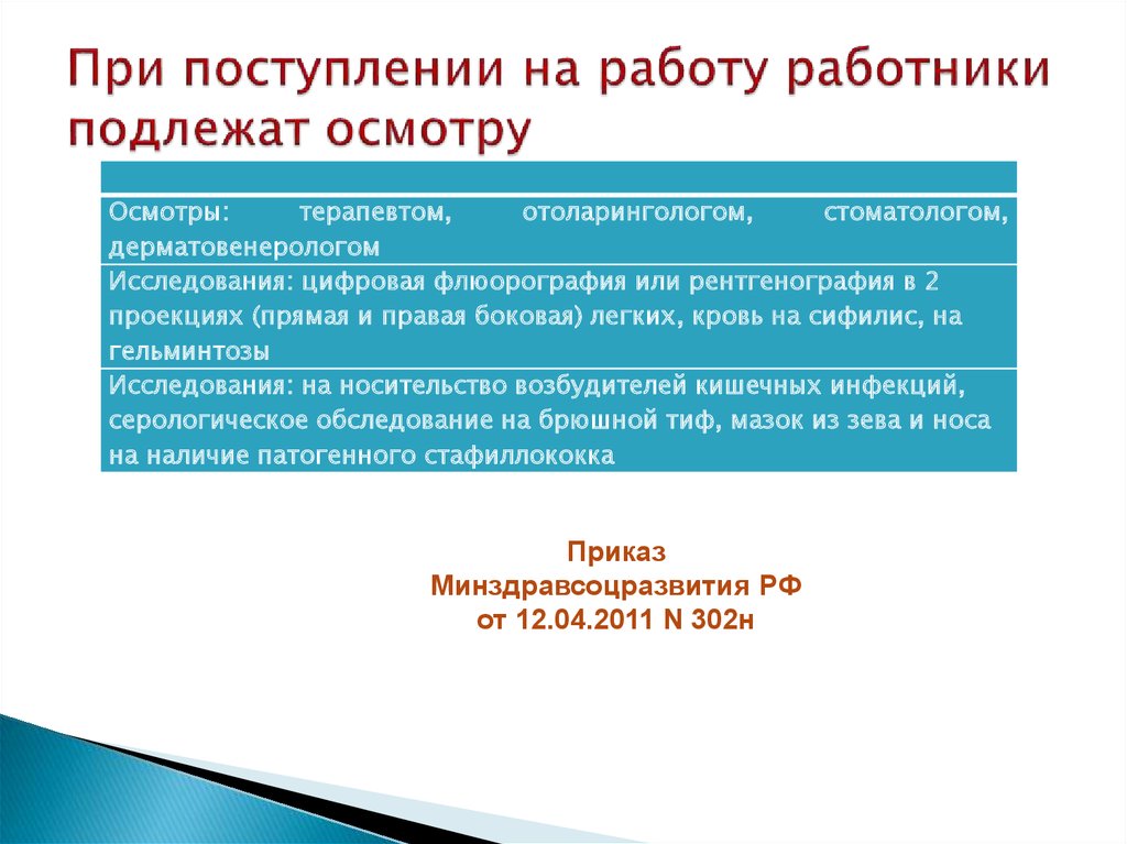 Осмотр при поступлении. При поступлении на работу. Обследование персонала на бактерионосительство. Требования к поступающему на работу. При поступлении на работу сотрудники проходят.