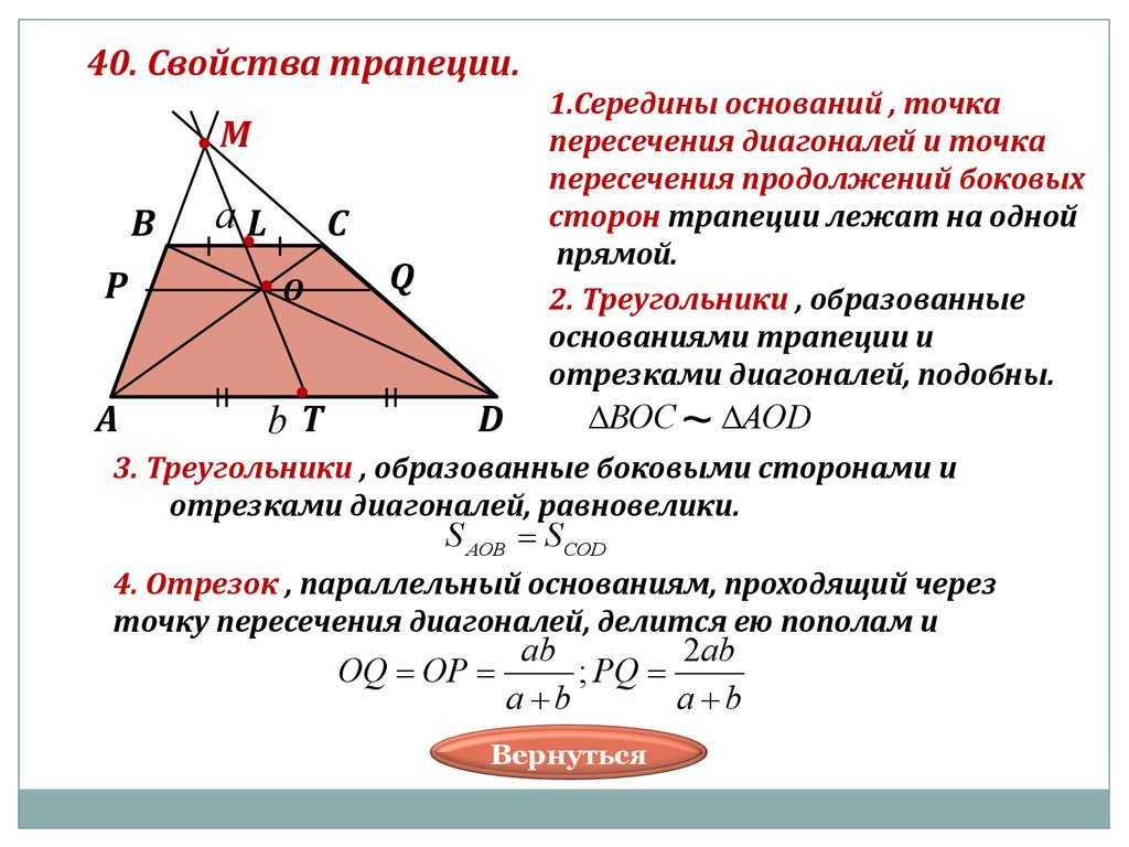 Прямая проходящая через середину отрезка. Точка пересечения диагоналей равнобедренной трапеции. Точка пересечения диагоналей трапеции. Трапеция точка пересечения диагоналей боковых сторон. Точка пересечения диагоналей трапеции свойства.