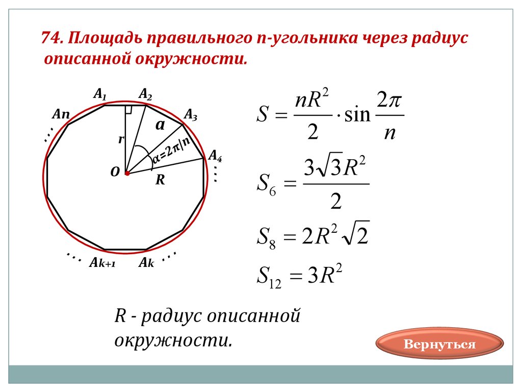 Площадь угольника. Площадь через радиус. Площадь правильного угольника. R радиус описанной окружности. Площадь правильного п угольника.