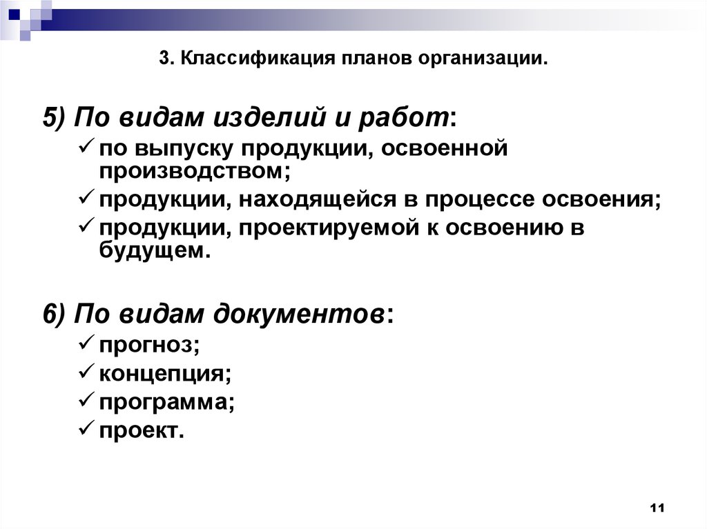 Классификация планов организации по видам