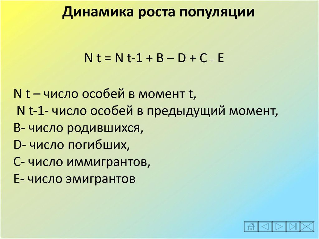 Специальные числа. Число особей. N(T)-N(T) численность популяции. 1.T число. В общей формуле динамики популяции (NT = NT-N + B - D + C - E) буквой d обозначена.