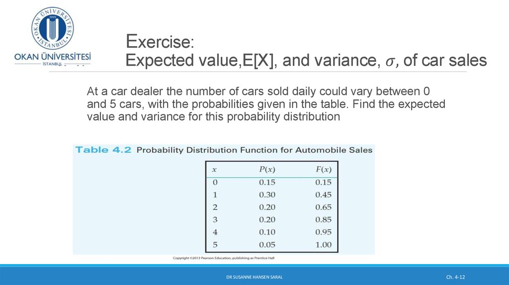 Exercise: n n Expected value,E[X], and variance, σ, of car sales