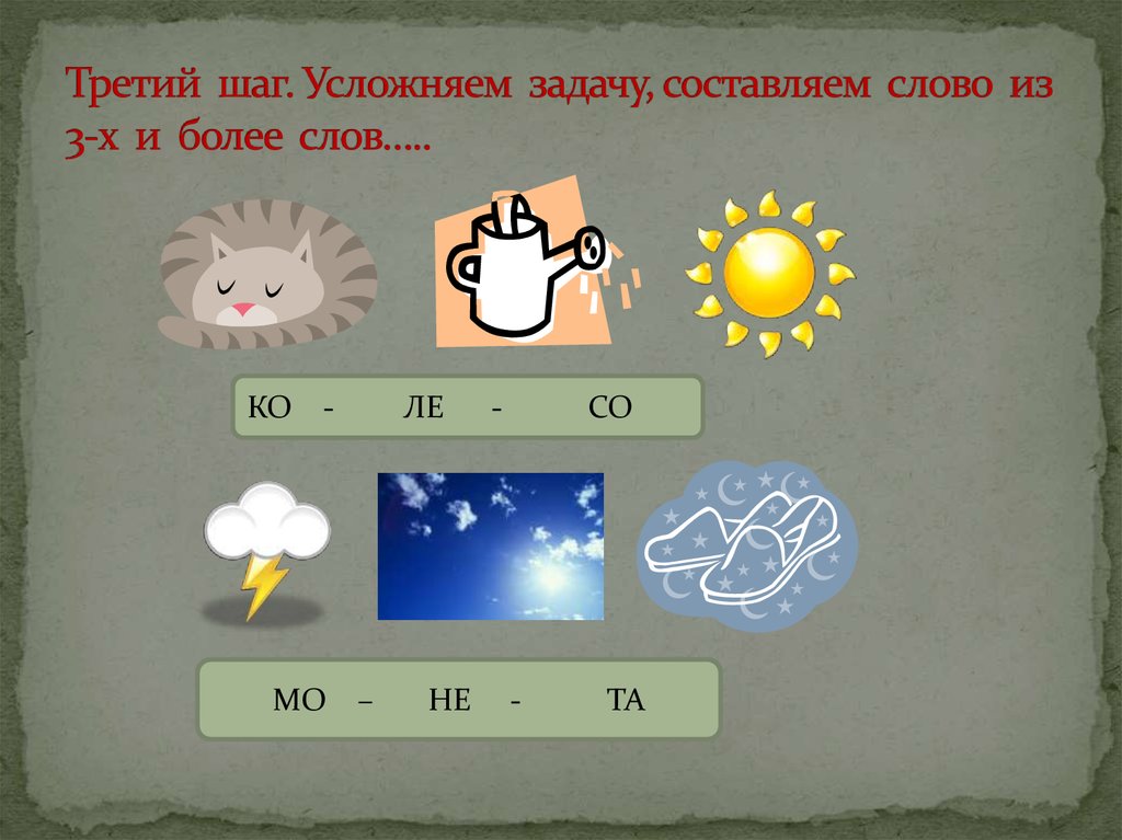 Третий шаг. Усложняем задачу, составляем слово из 3-х и более слов…..