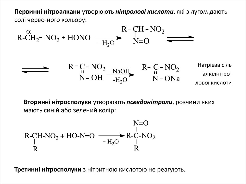 Первинні нітроалкани утворюють нітролові кислоти, які з лугом дають солі черво-ного кольору: