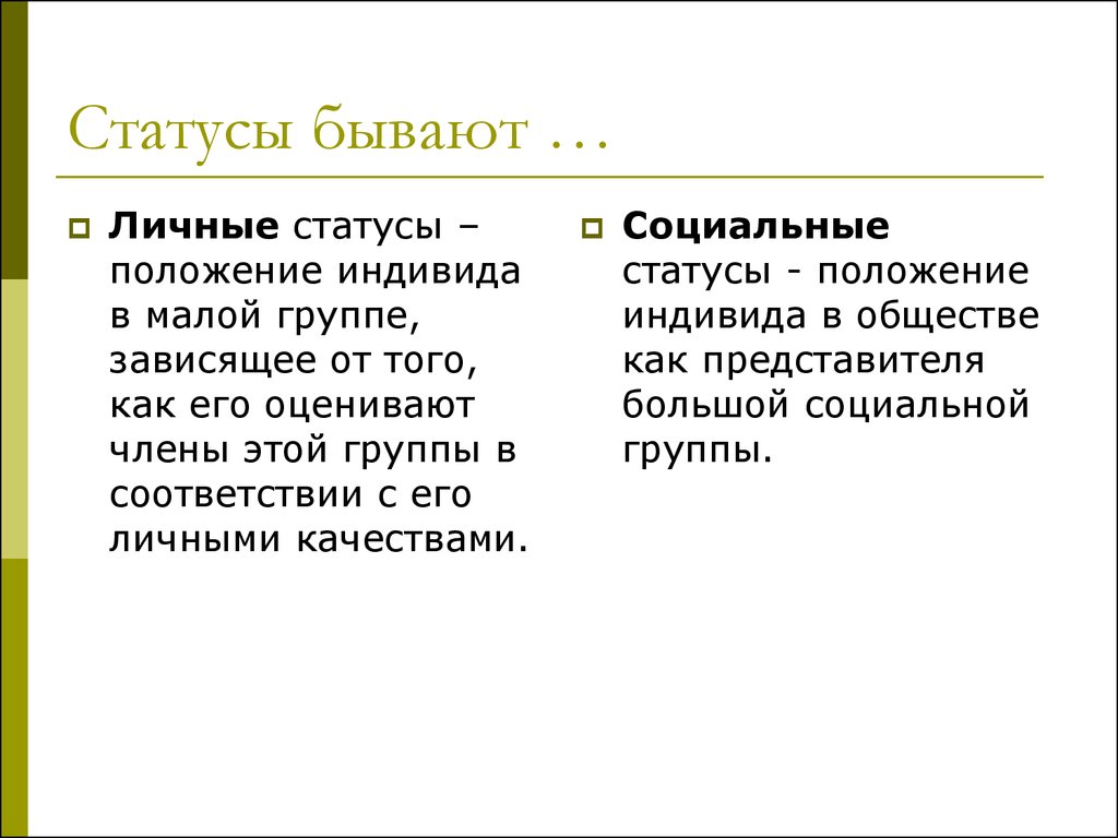 Состояние мало. Социальный статус бывает. Статусы бывают. Положение индивида в малой группе. Какие бывают статусы.