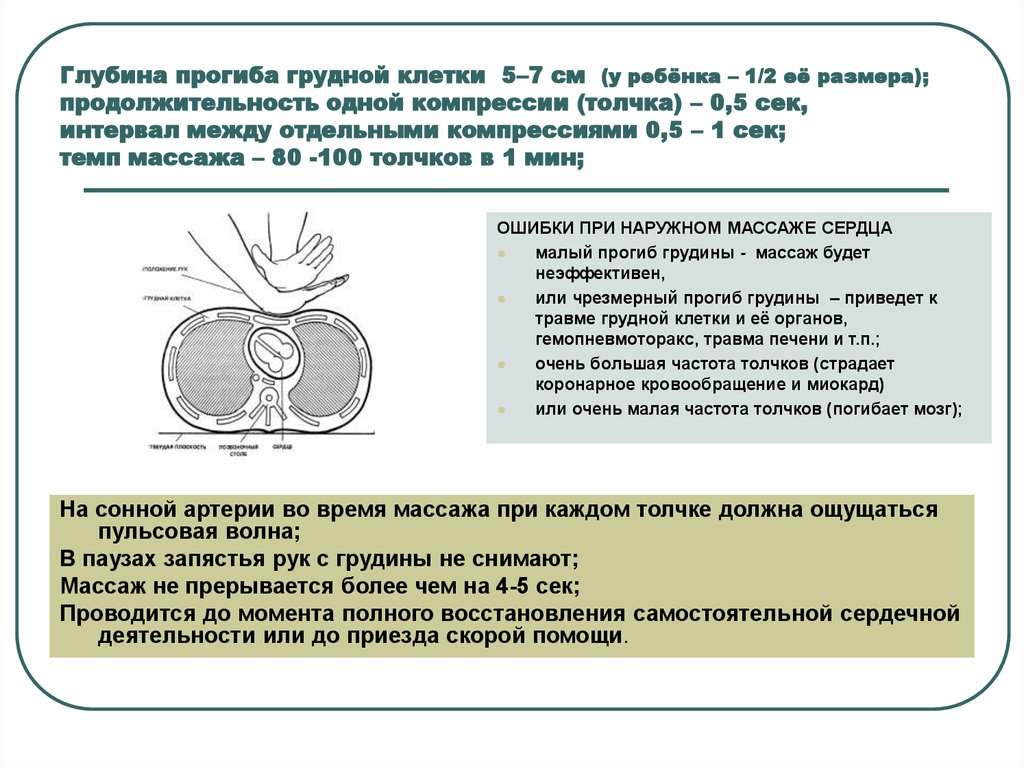 При проведении закрытого. Глубина прогиба грудины при массаже. Прогиб грудной клетки при проведении закрытого массажа. Глубина прогиба грудины при массаже сердца. Глубина прогиба грудной клетки при непрямом массаже сердца.