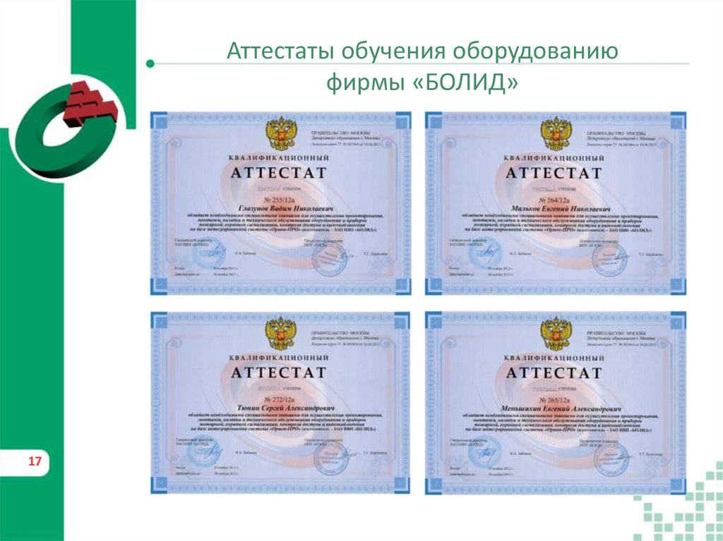 Аттестаты обучения оборудованию фирмы «БОЛИД»