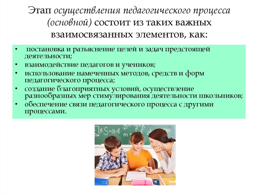 Этап осуществления педагогического процесса (основной) состоит из таких важных взаимосвязанных элементов, как: