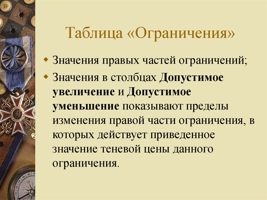 Части ограничения. Пределы изменения правых частей ограничений. Смысл неограниченный рост.