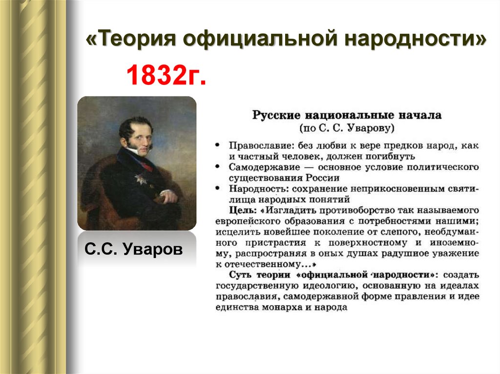 Основное положение теории официальной народности. Теория Уварова при Николае 1. Теория официальной народности 19 век.