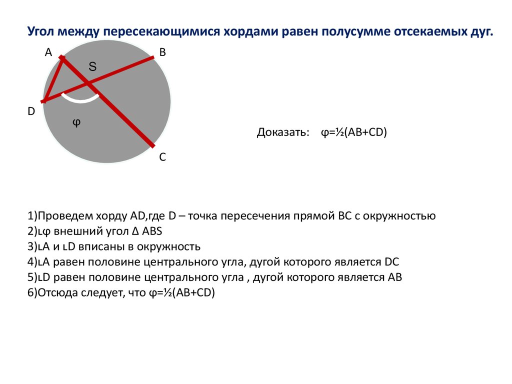 При пересечении двух хорд. Угол между пересекающимися хордами доказательство. Угол между двумя пересекающимися хордами доказательство. Угол между пересекающимися хордами равен полусумме дуг. Угол между пересекающимися хордами равен полусумме.