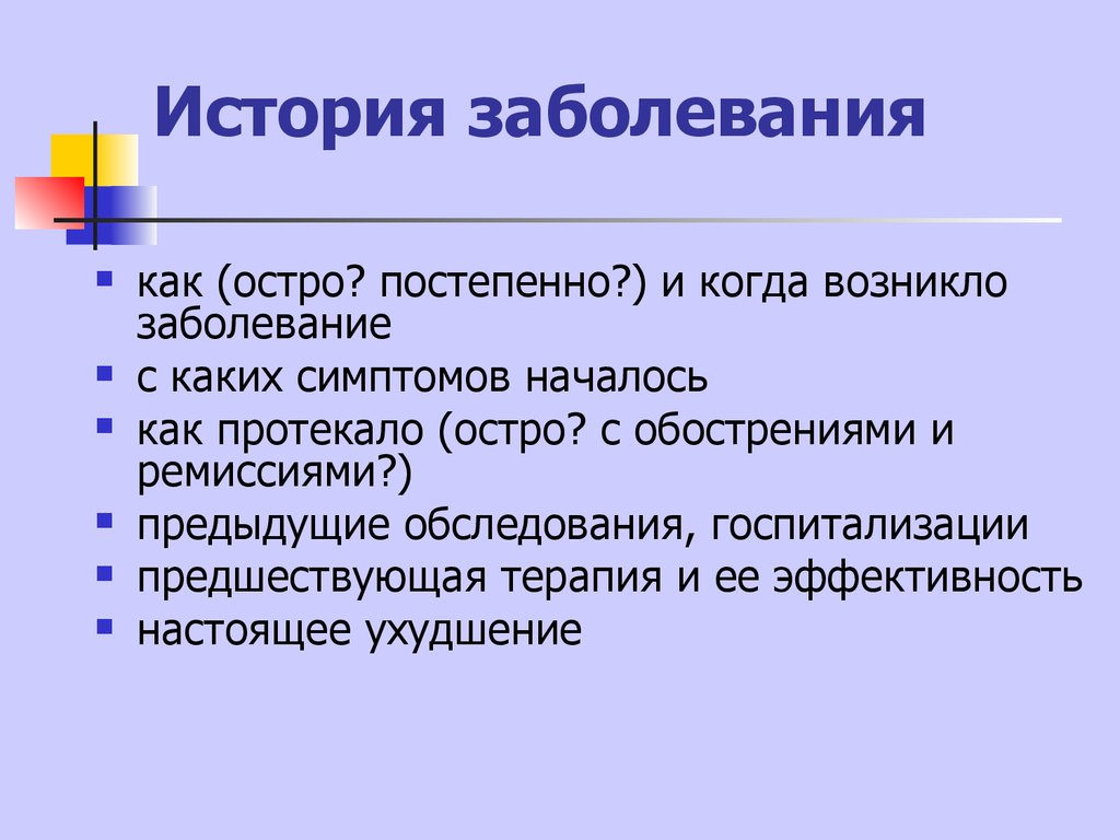 Схема опроса пациента для истории болезни