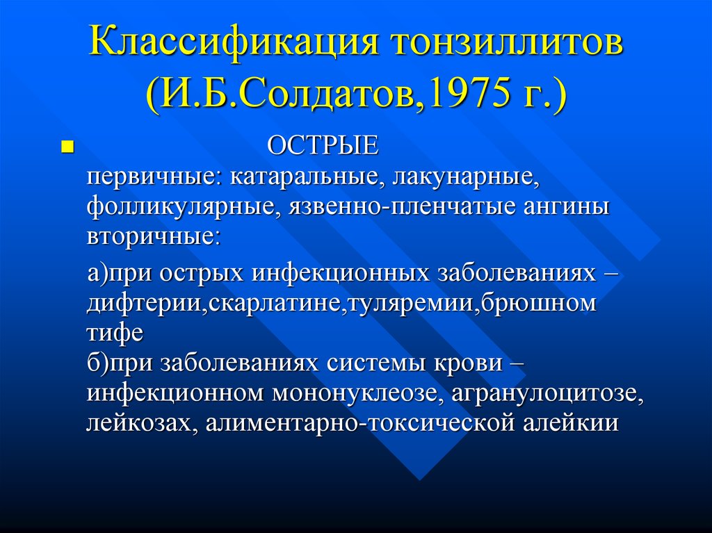 Декомпенсированный тонзиллит. Классификация тонзиллитов (и.б. Солдатов).. Солдатов классификация тонзиллита. Классификация Солдатова острый тонзиллит. Ангина классификация по Солдатову.