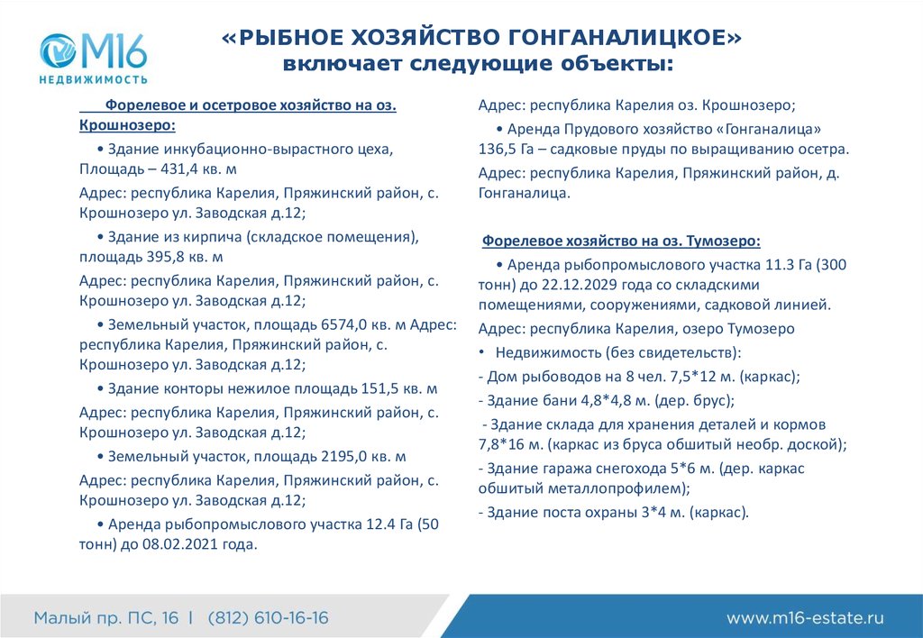 «РЫБНОЕ ХОЗЯЙСТВО ГОНГАНАЛИЦКОЕ» включает следующие объекты: