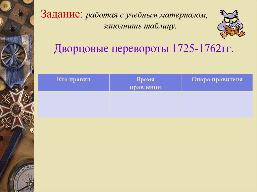 Эпоха дворцовых переворотов 8 класс. Таблица переворотов 1725-1762. Дворцовые перевороты 1725-1762 таблица опора правителя. Опора правителя 1725 1762. Эпоха дворцовых переворотов 1725-1762 таблица.