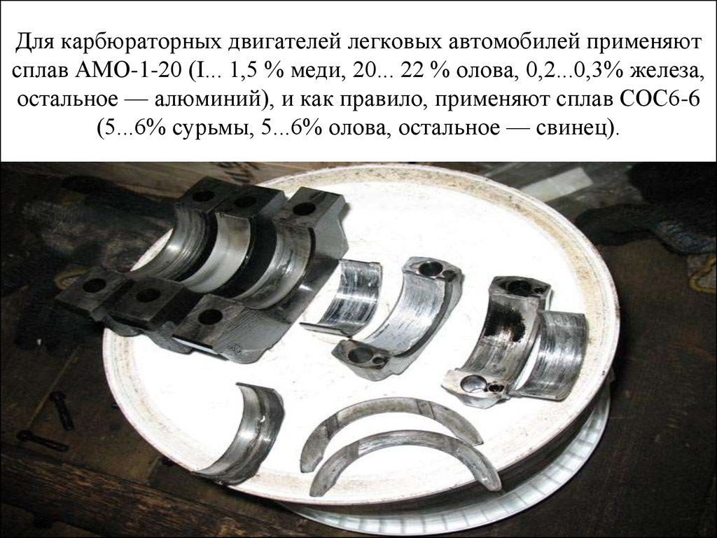 Для карбюраторных двигателей легковых автомобилей применяют сплав АМО-1-20 (I... 1,5 % меди, 20... 22 % олова, 0,2...0,3% железа, остальное — алюминий), и к