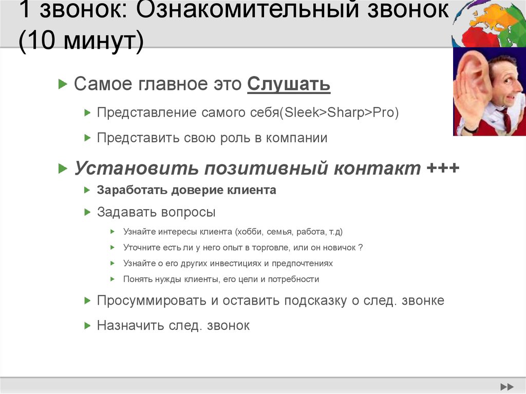 1 звонок: Ознакомительный звонок (10 минут)