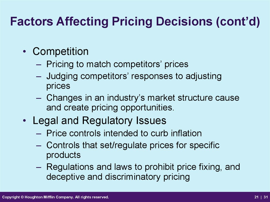 Factors Affecting Pricing Decisions (cont’d)