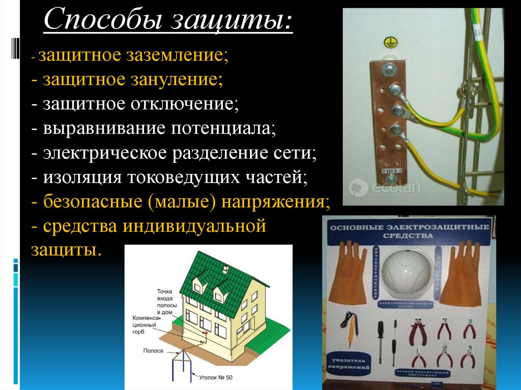 Электрического тока устанавливаемые в. Способы защиты от электрического тока (заземление, зануление). Заземление для защиты от тока. Защитное заземление, зануление, защитные отключения. Pfobnyjt pfptvktybt JN pfobnyjuj pfyektybz.