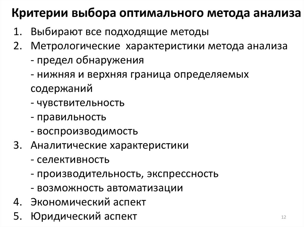 2 методы анализа. Критерии выбора метода. Выбор метода анализа. Метрологические характеристики методов анализа. Критерии выбора методики анализа.