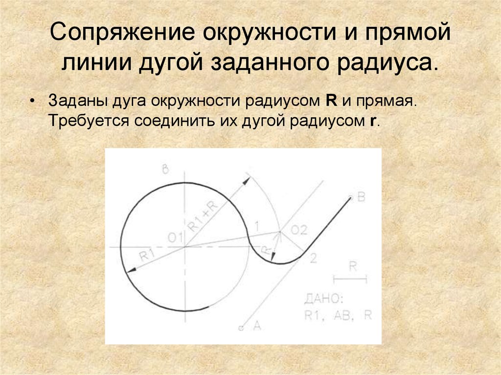 Линия радиус. Сопряжение дуги окружности с прямой линией. Построение сопряжения дуги окружности и прямой. Сопряжение дуги и прямой дугой окружности заданного радиуса. Построение сопряжения дуги окружности.