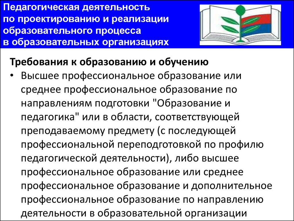 Профили пед образования. Требования для осуществления педагогической деятельности. Требования к образованию и обучению.