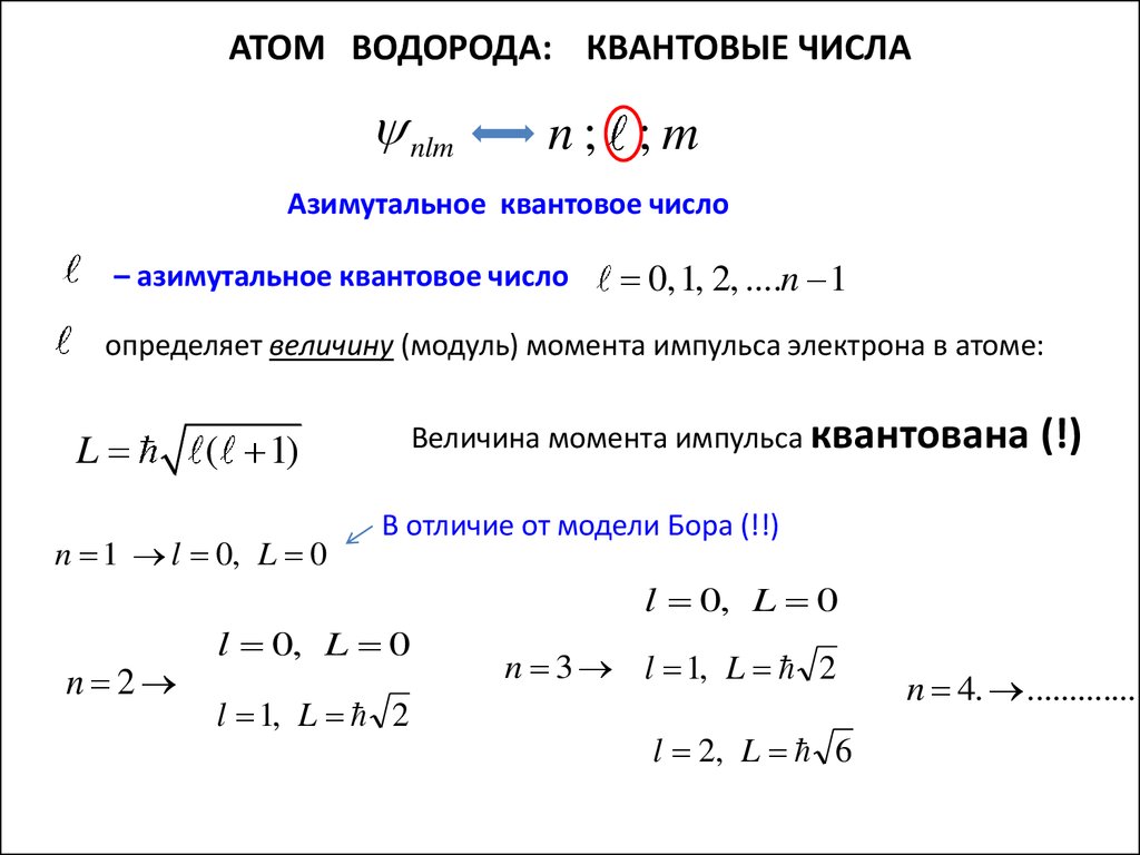 Квантовые числа электронов в атоме. Квантовые числа водорода. Азимутальное квантовое число.