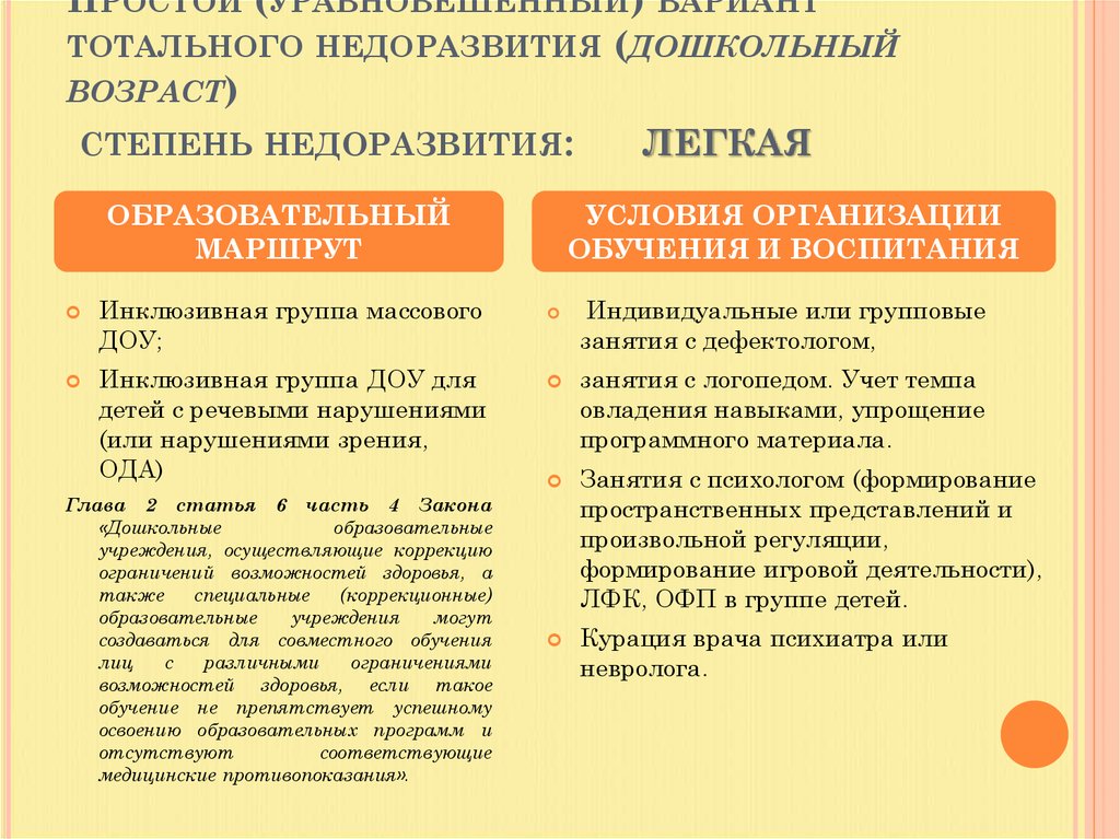 Простой (уравновешенный) вариант тотального недоразвития (дошкольный возраст) степень недоразвития: легкая