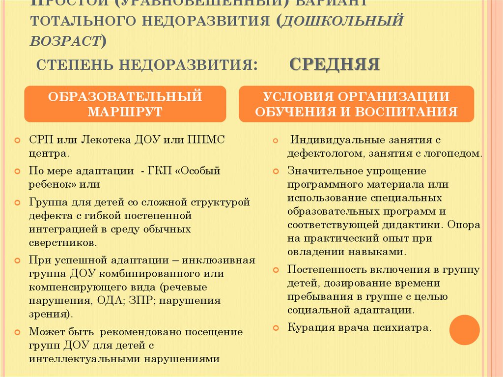 Простой (уравновешенный) вариант тотального недоразвития (дошкольный возраст) степень недоразвития: средняя