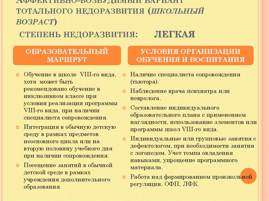 Аффективно-возбудимый вариант тотального недоразвития (школьный возраст) степень недоразвития: легкая