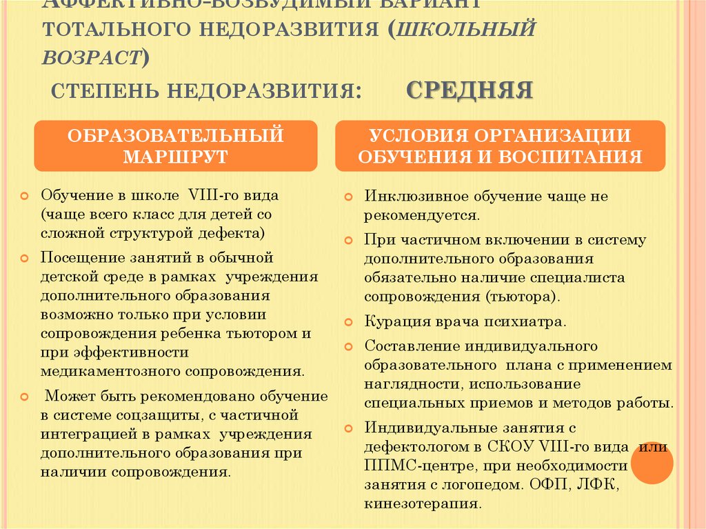 Аффективно-возбудимый вариант тотального недоразвития (школьный возраст) степень недоразвития: средняя