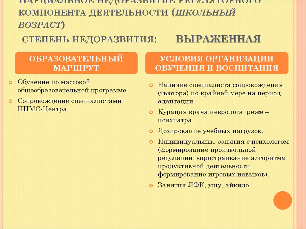 Парциальное недоразвитие регуляторного компонента деятельности (школьный возраст) степень недоразвития: выраженная
