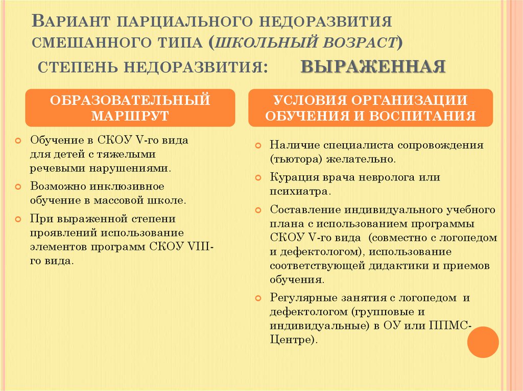 Вариант парциального недоразвития смешанного типа (школьный возраст) степень недоразвития: выраженная
