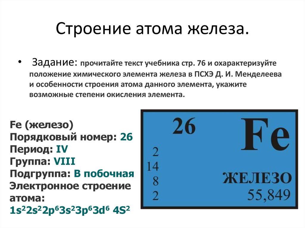Железо положение химического элемента. Железо Порядковый номер в таблице Менделеева. Характеристика элемента Fe железо. Характеристика ПСХЭ железа. Железо его характеристики по таблице Менделеева.