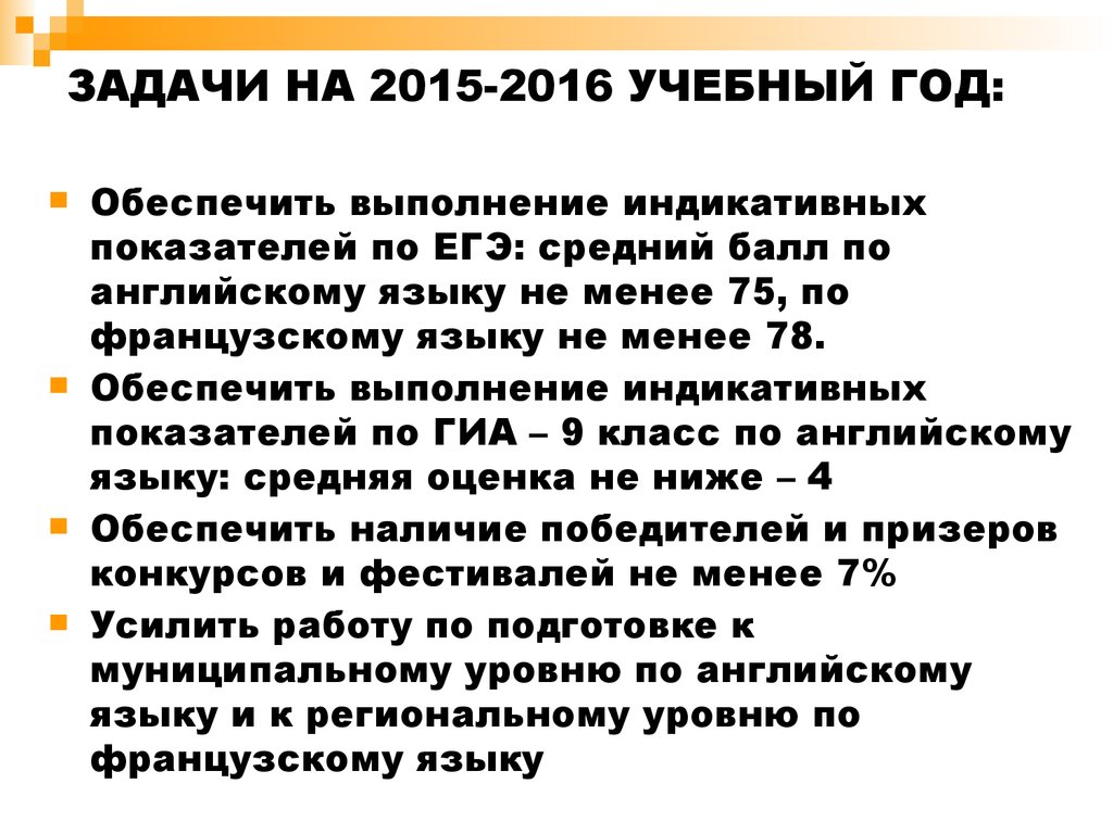 ЗАДАЧИ НА 2015-2016 УЧЕБНЫЙ ГОД: