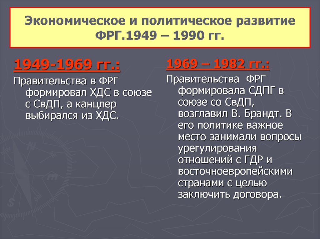 Развитие немецкого. ФРГ В 1949-1990 гг. Внешняя политика ФРГ 1949-1990. Христианско-демократический Союз Германии 1949. Характеристика политического развития ФРГ 1949-1990.